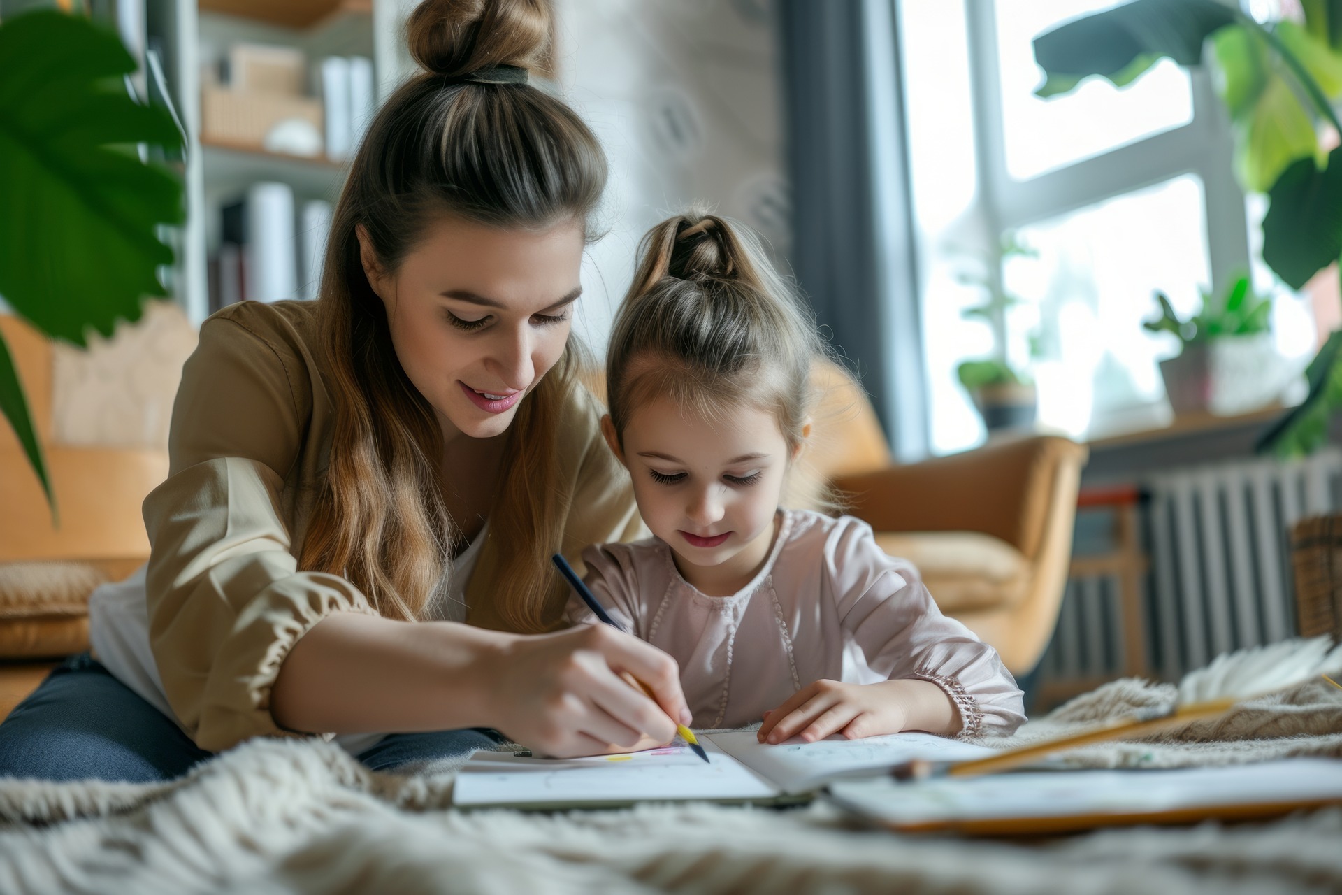 mother and daughter homeschooling